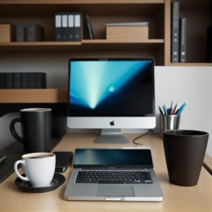 Professional workspace with desktop computer, laptop and coffee cups used for co-living demand study research. Professional workspace with desktop computer, laptop and coffee cups used for co-living demand study research.