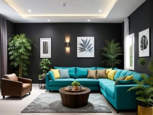 Modern co-living communal lounge with a turquoise sectional sofa, armchair and indoor plants. Modern co-living communal lounge with a turquoise sectional sofa, armchair and indoor plants.